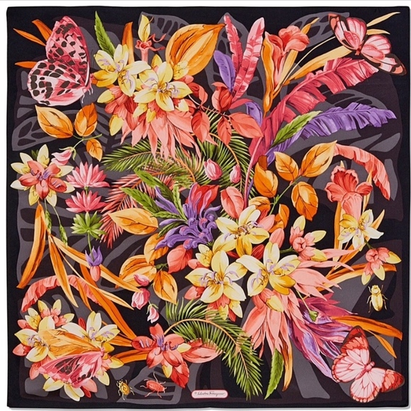 New Salvatore Ferragamo Scarf Butterfly Flora Black Multicolor Silk Wrap - Picture 1 of 12